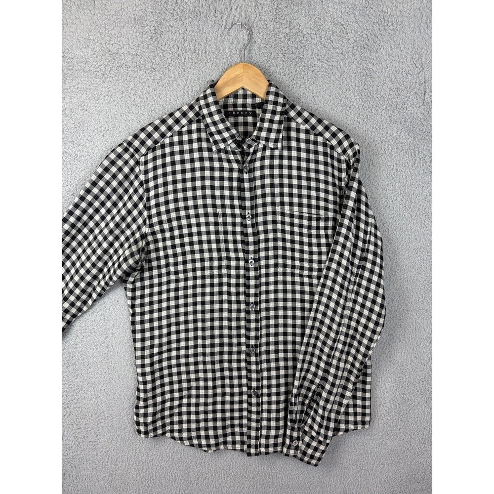Theory Shirt Men Medium Black Check Long Sleeve Button Front Wool blend Casual